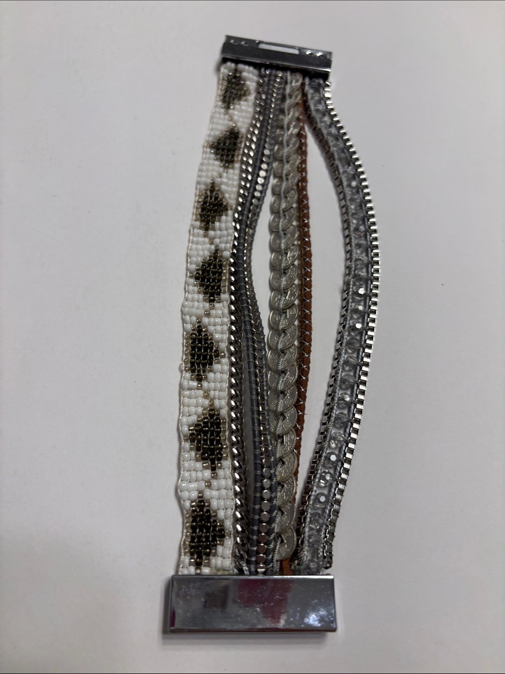 Victoria Emerson White and Gold Multi-Strand Beaded and Chain Bracelet